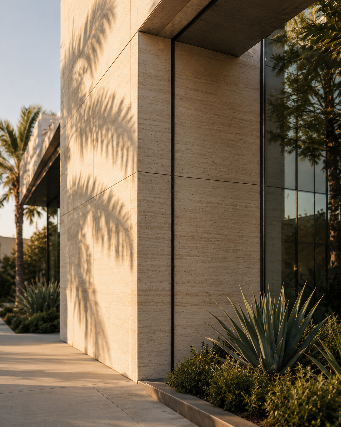 Architectural detail with a warm stone facade and drought-tolerant landscaping